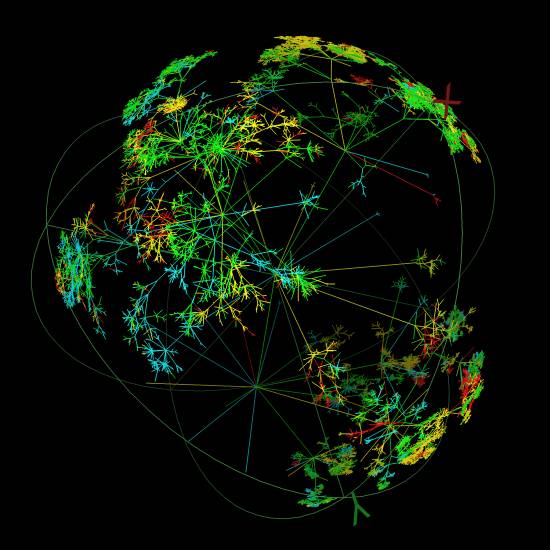 La visualización muestra un instante cualquiera de la actividad en el universo de Internet.